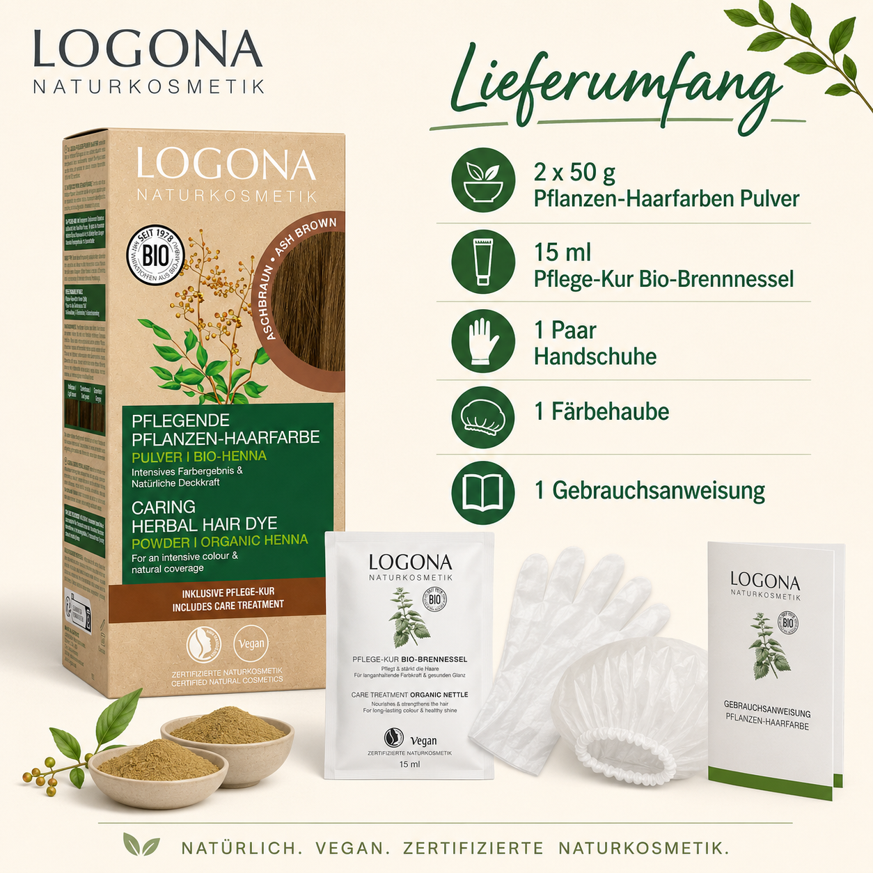 Lieferumfang der LOGONA Pflanzen-Haarfarbe Aschbraun mit Farbpulver, Pflege-Kur, Handschuhen, Färbehaube und Anleitung