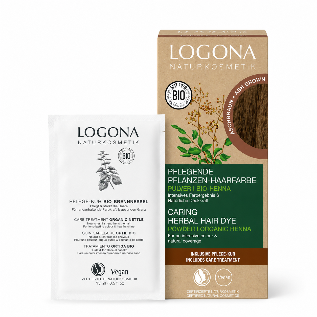 LOGONA Pflanzen-Haarfarbe Aschbraun mit enthaltener Bio-Brennnessel Pflege-Kur