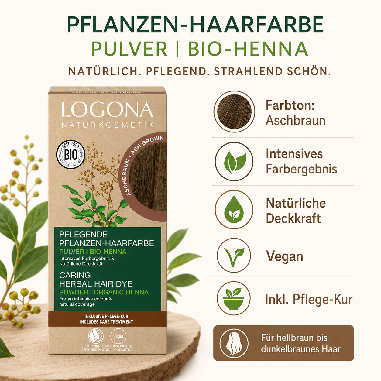 LOGONA Pflanzen-Haarfarbe Aschbraun mit Informationen zu Farbton, Deckkraft, veganer Rezeptur und Pflege-Kur