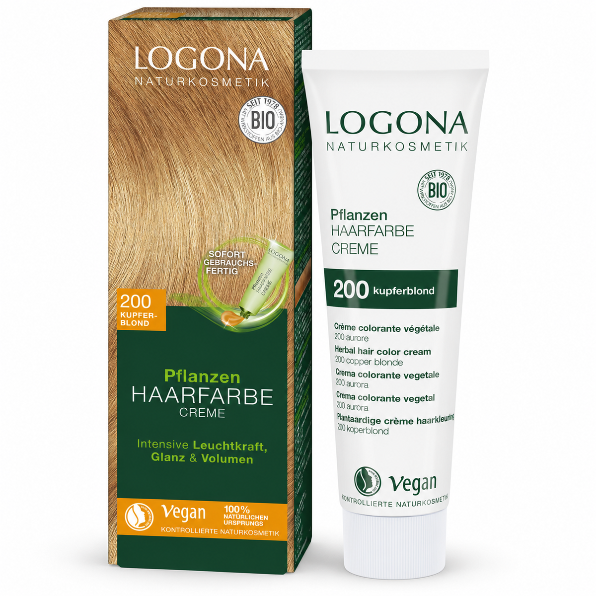 LOGONA Pflanzen-Haarfarbe Creme 200 Kupferblond 150 ml mit Verpackung und Tube