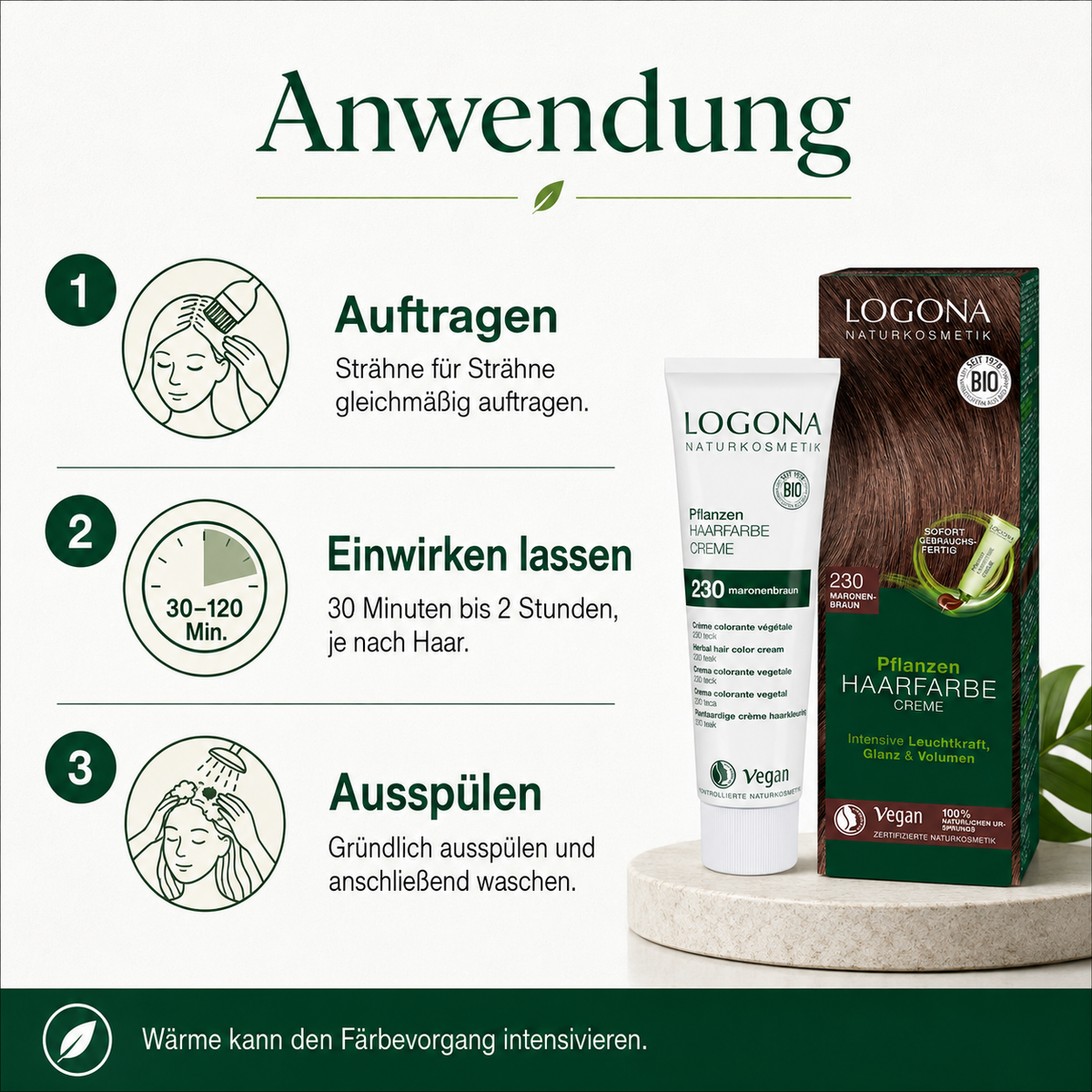 Anwendung der LOGONA Pflanzen Haarfarbe Creme 230 Maronenbraun in drei Schritten erklärt