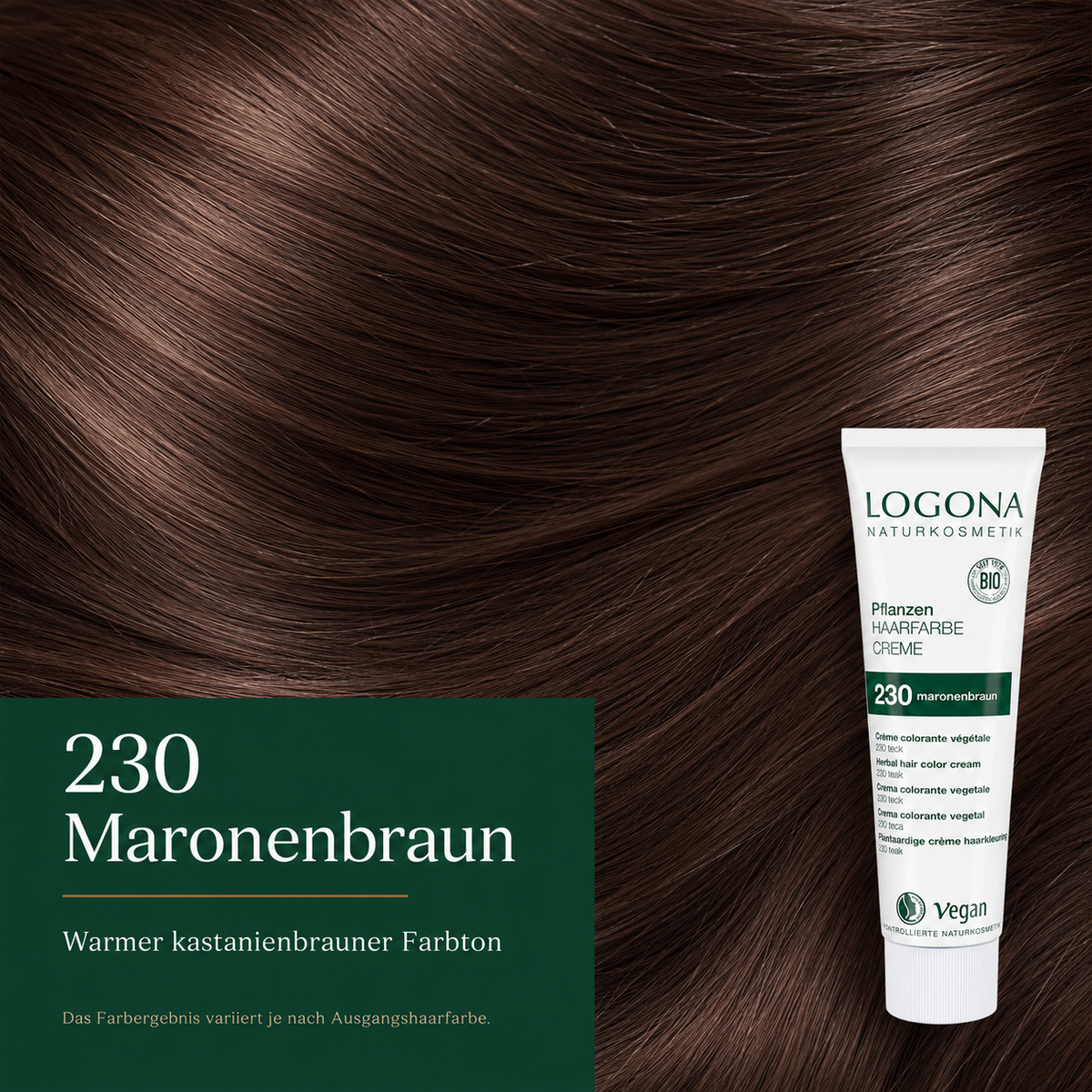Farbton 230 Maronenbraun der LOGONA Pflanzen Haarfarbe Creme als brauner Haarfarbton dargestellt