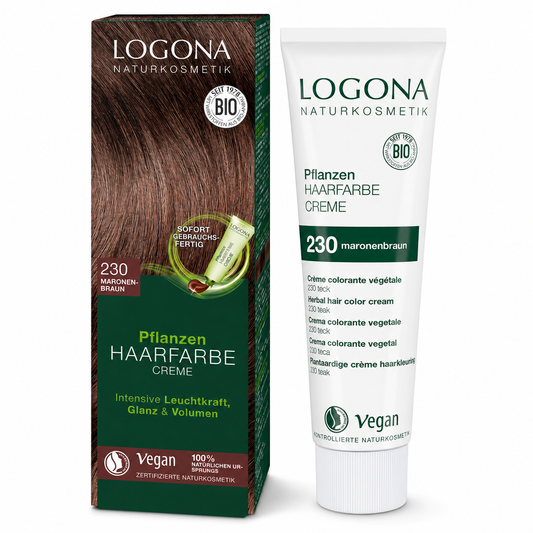 LOGONA Pflanzen Haarfarbe Creme 230 Maronenbraun mit Verpackung und Tube auf weißem Hintergrund