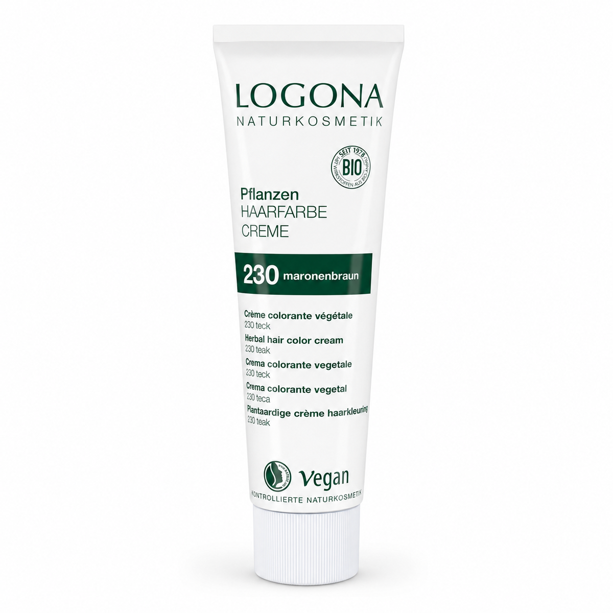 Tube der LOGONA Pflanzen Haarfarbe Creme 230 Maronenbraun freigestellt auf weißem Hintergrund