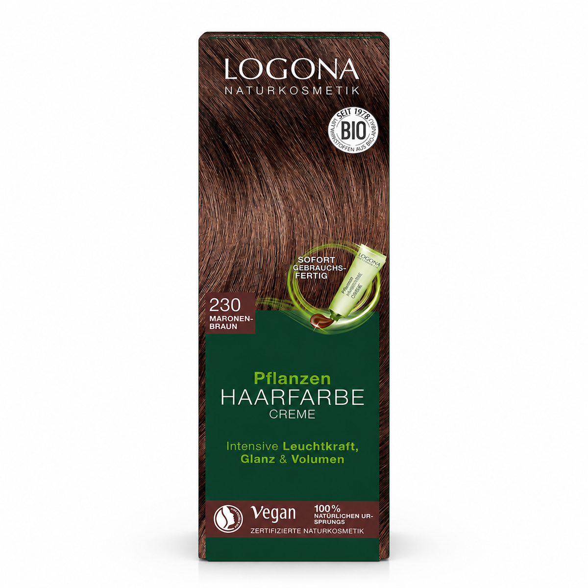 Verpackung der LOGONA Pflanzen Haarfarbe Creme 230 Maronenbraun freigestellt auf weißem Hintergrund