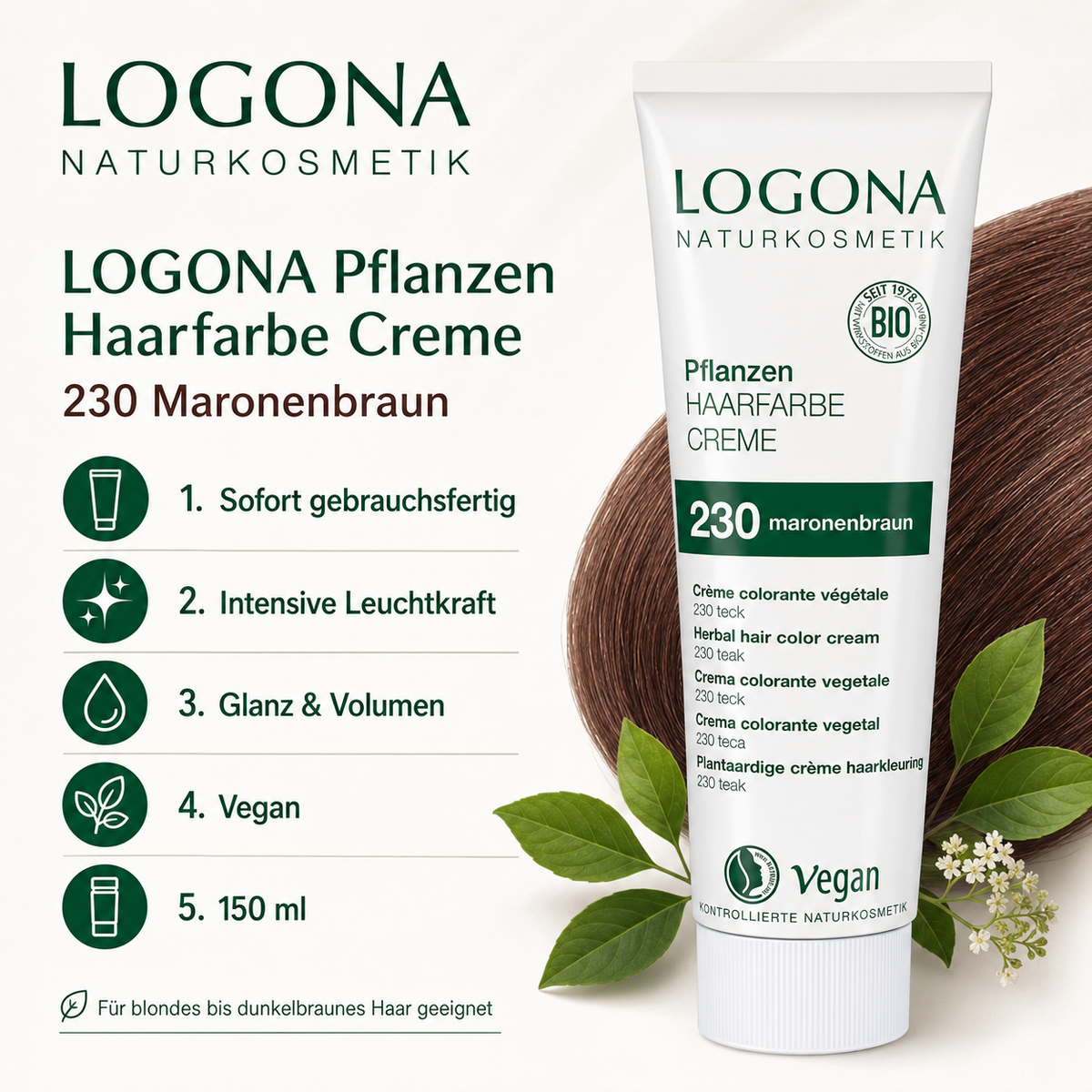 LOGONA Pflanzen Haarfarbe Creme 230 Maronenbraun mit Vorteilen wie sofort gebrauchsfertig, vegan sowie Glanz und Volumen