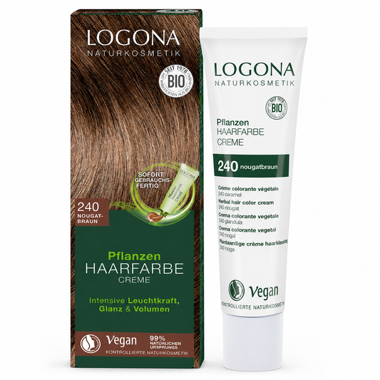 LOGONA Pflanzen Haarfarbe Creme 240 Nougatbraun mit 150-ml-Tube und Verpackung