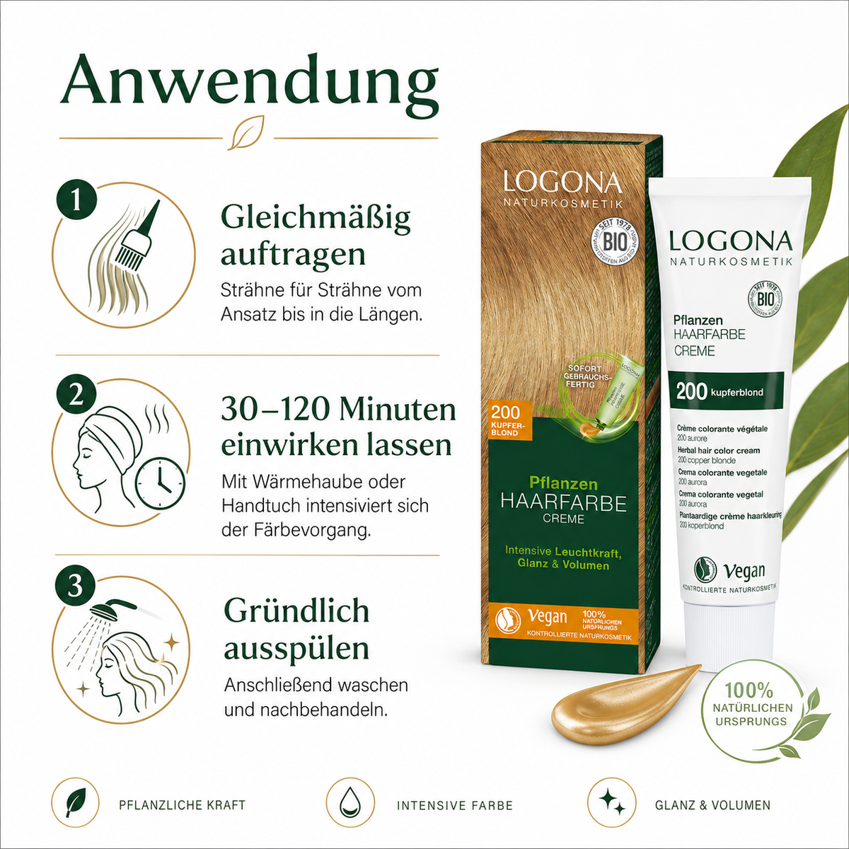 Anwendung der LOGONA Pflanzen-Haarfarbe Creme mit Auftragen, Einwirken und gründlichem Ausspülen
