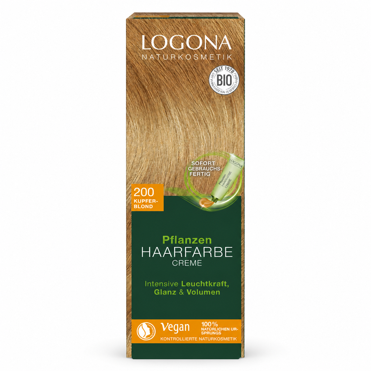 Verpackung der LOGONA Pflanzen-Haarfarbe Creme in der Nuance 200 Kupferblond