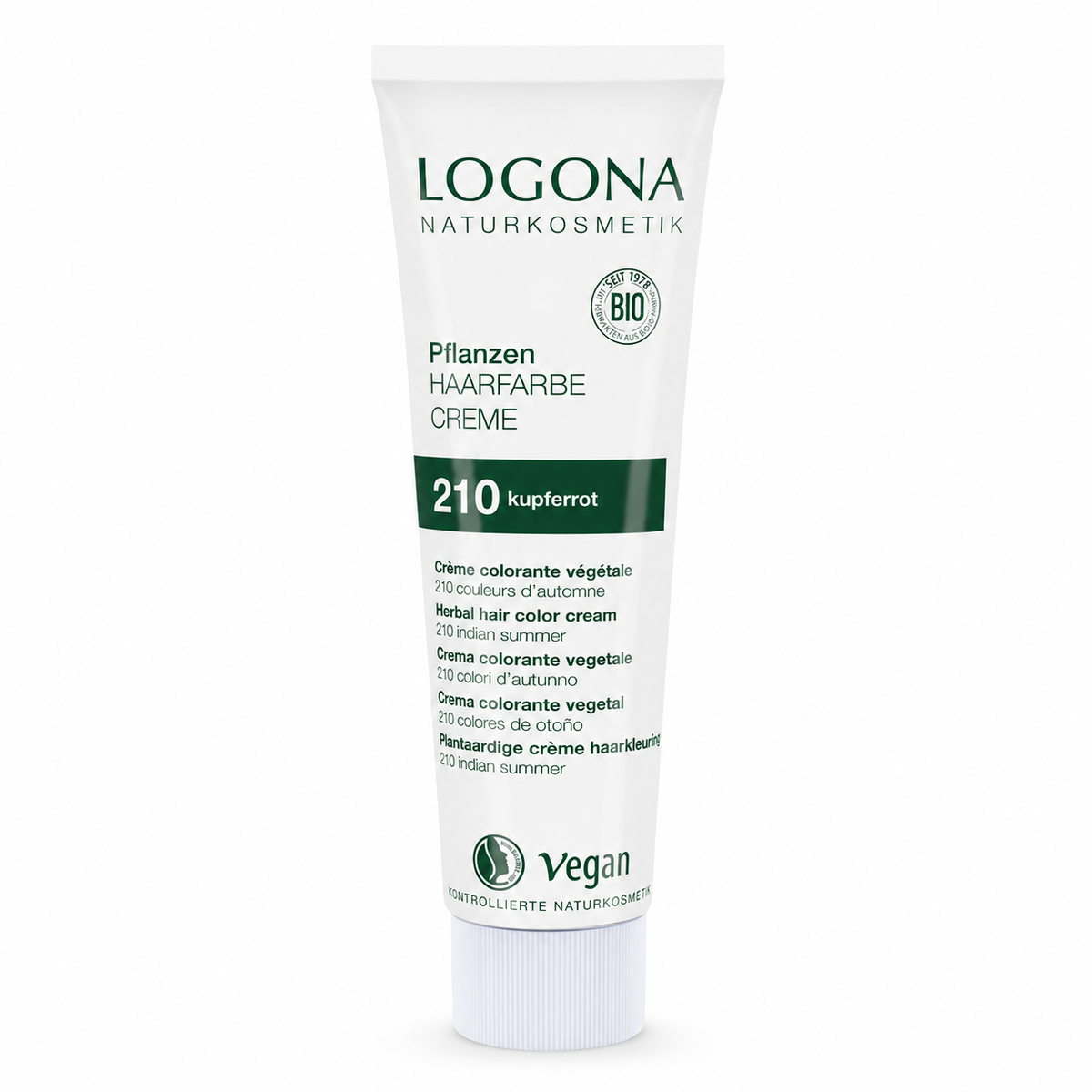 Tube der LOGONA Pflanzen-Haarfarbe Creme 210 Kupferrot mit 150 ml auf weißem Hintergrund