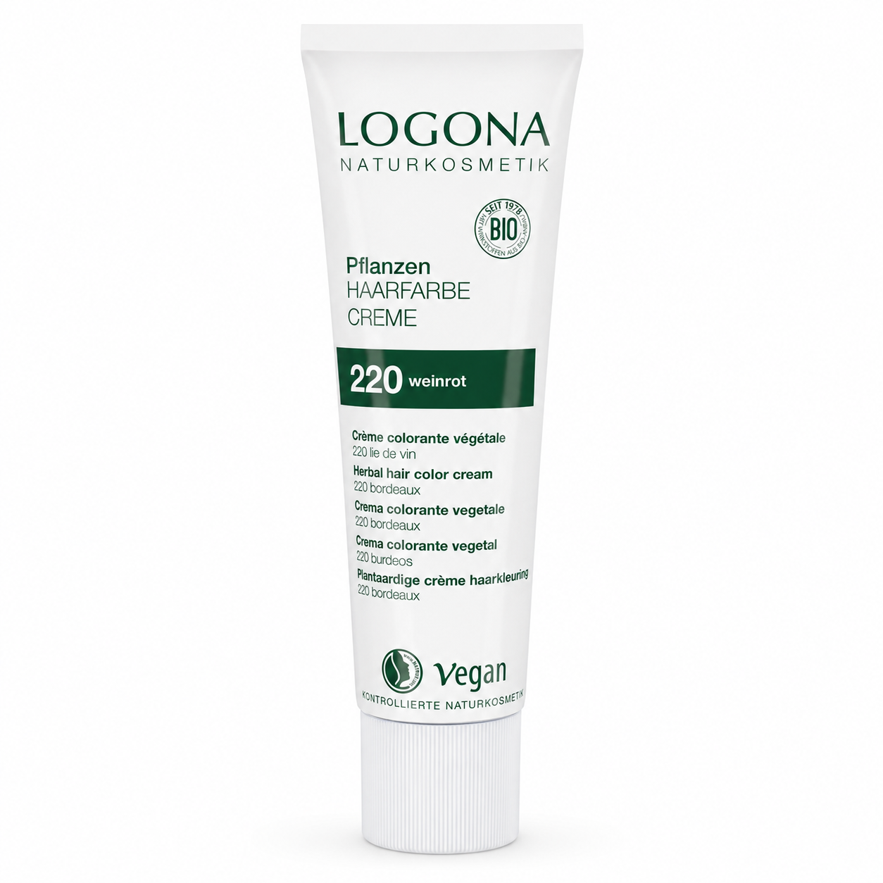 Weiße 150-ml-Tube der LOGONA Pflanzen Haarfarbe Creme 220 Weinrot als Freisteller