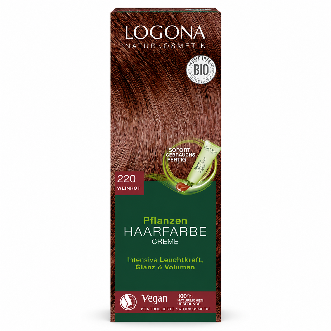 Faltschachtel der LOGONA Pflanzen Haarfarbe Creme 220 Weinrot mit weinroter Haarfarbabbildung