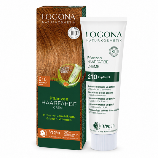 LOGONA Pflanzen-Haarfarbe Creme 210 Kupferrot mit Verpackung und 150-ml-Tube auf weißem Hintergrund