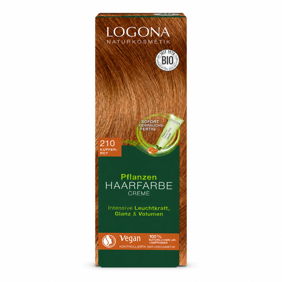 Verpackung der LOGONA Pflanzen-Haarfarbe Creme 210 Kupferrot für blondes bis braunes Haar