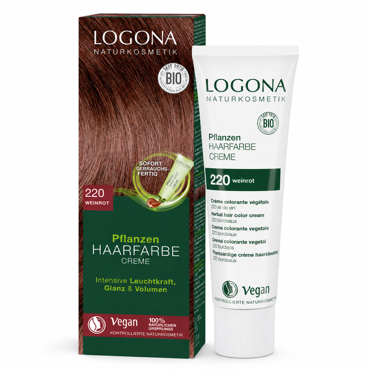LOGONA Pflanzen Haarfarbe Creme 220 Weinrot mit Faltschachtel und 150-ml-Tube auf weißem Hintergrund