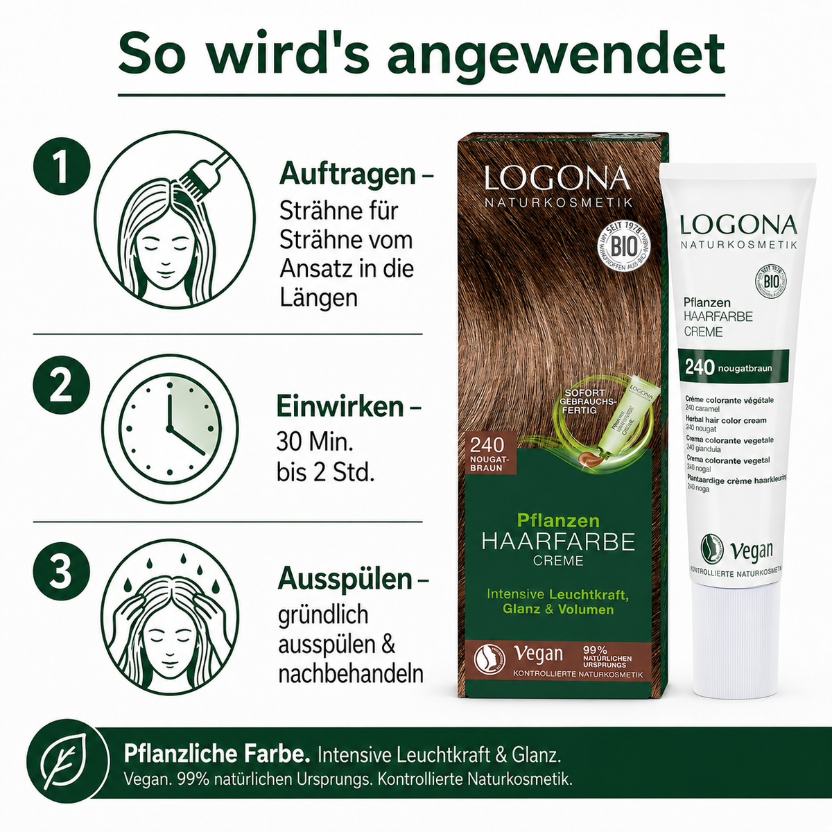 Anwendung der LOGONA Pflanzen Haarfarbe Creme: auftragen, einwirken lassen und gründlich ausspülen