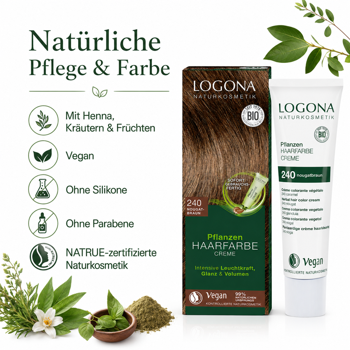 Vorteile der LOGONA Pflanzenhaarfarbe Nougatbraun mit Leuchtkraft, Glanz und natürlichem Braunton