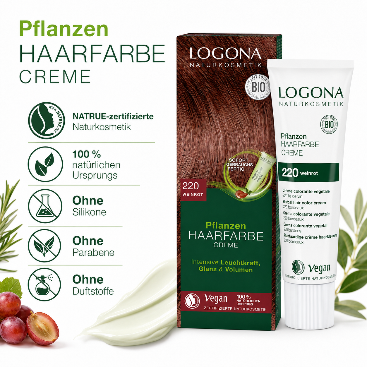 LOGONA Pflanzen Haarfarbe Creme 220 Weinrot mit NATRUE-Zertifizierung und ausgewählten Produktmerkmalen