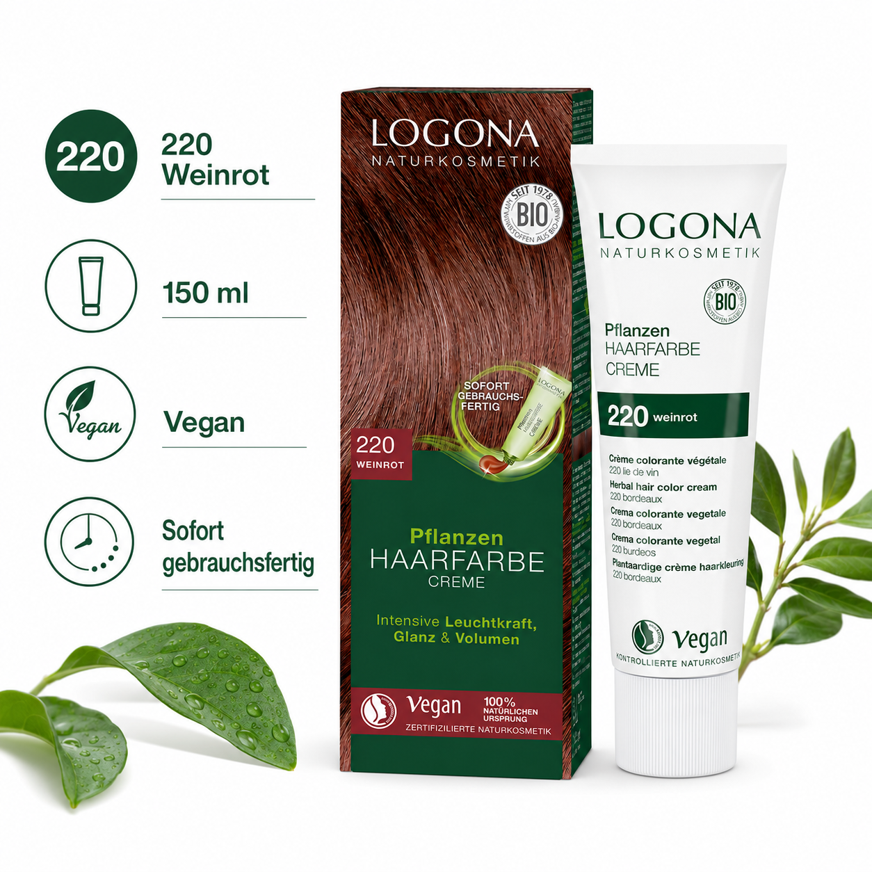 LOGONA Pflanzen Haarfarbe Creme 220 Weinrot mit Angaben zu 150 ml, vegan und sofort gebrauchsfertig