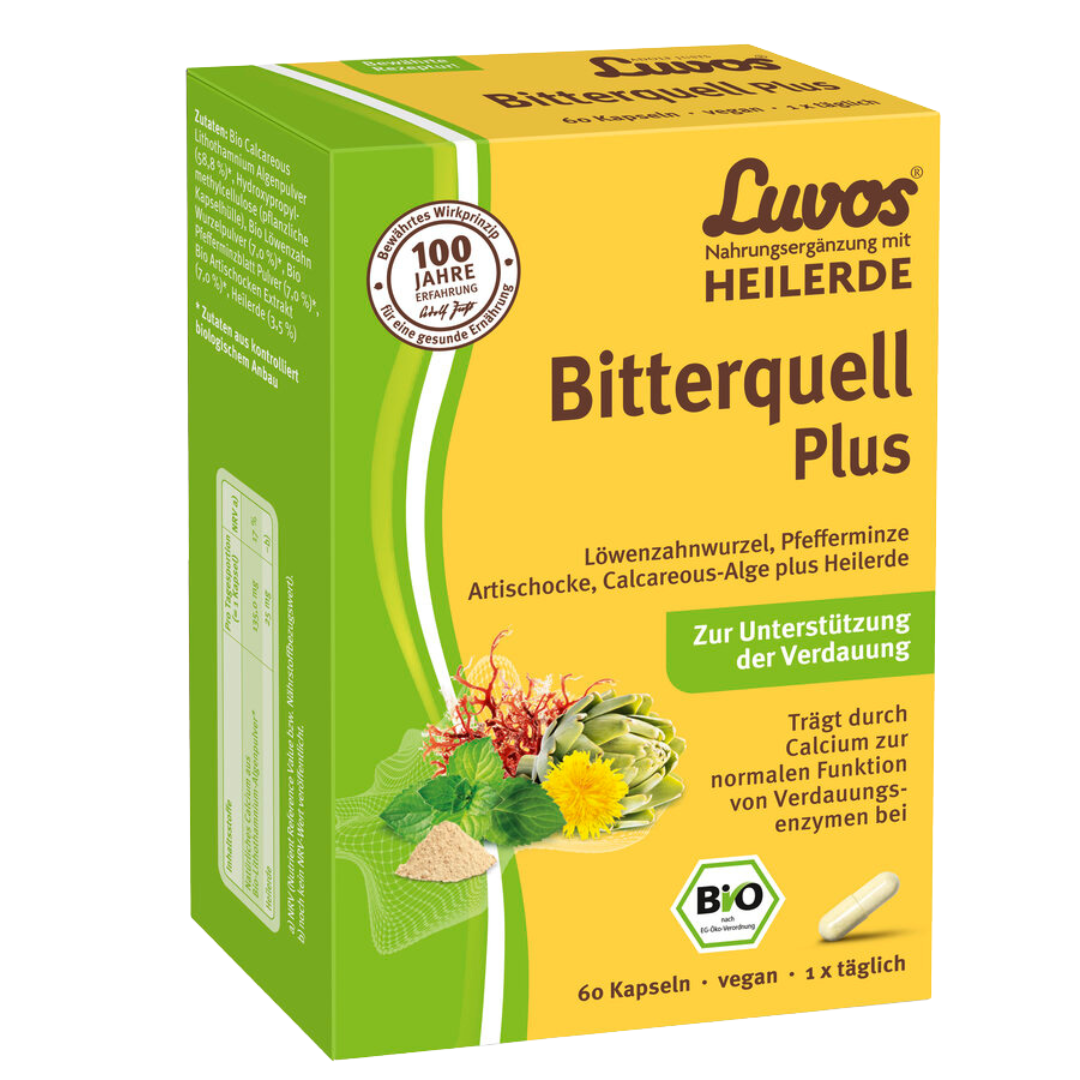 Luvos Bitterquell Plus Kapseln mit Bio-Heilerde, Artischocke, Löwenzahn und Pfefferminze – natürliche Unterstützung der Verdauung, vegan und 1x täglich