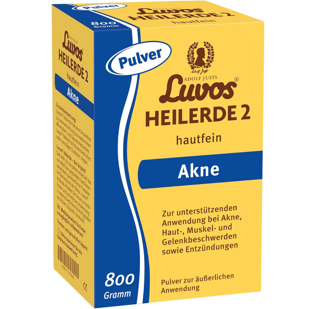 Luvos Heilerde 2 hautfein 800g – Vorderseite der Verpackung mit Hinweisen zur äußerlichen Anwendung bei Akne, Ekzemen und Entzündungen