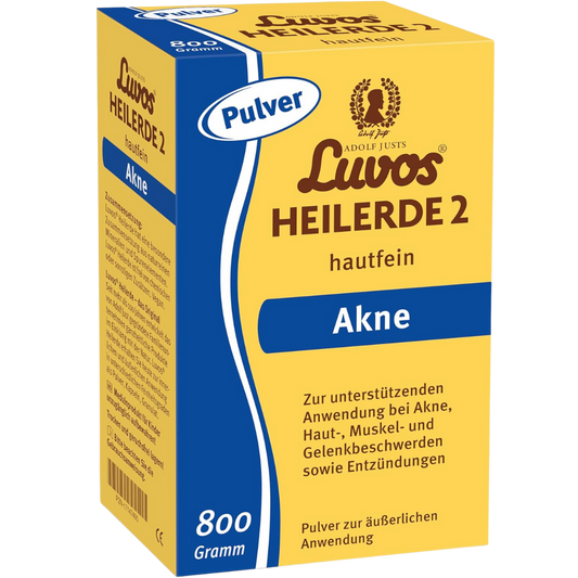 Luvos Heilerde 2 hautfein 800g – Vorderseite der Verpackung mit Hinweisen zur äußerlichen Anwendung bei Akne, Ekzemen und Entzündungen