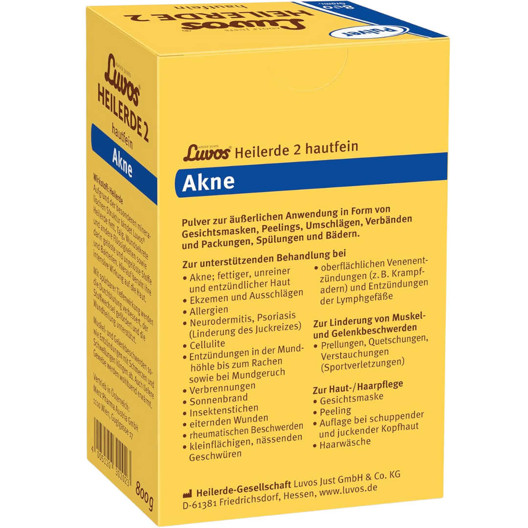 Luvos Heilerde 2 hautfein 800g – Produktbild mit Pulver-Hinweis und Anwendung bei Haut- und Muskelbeschwerden