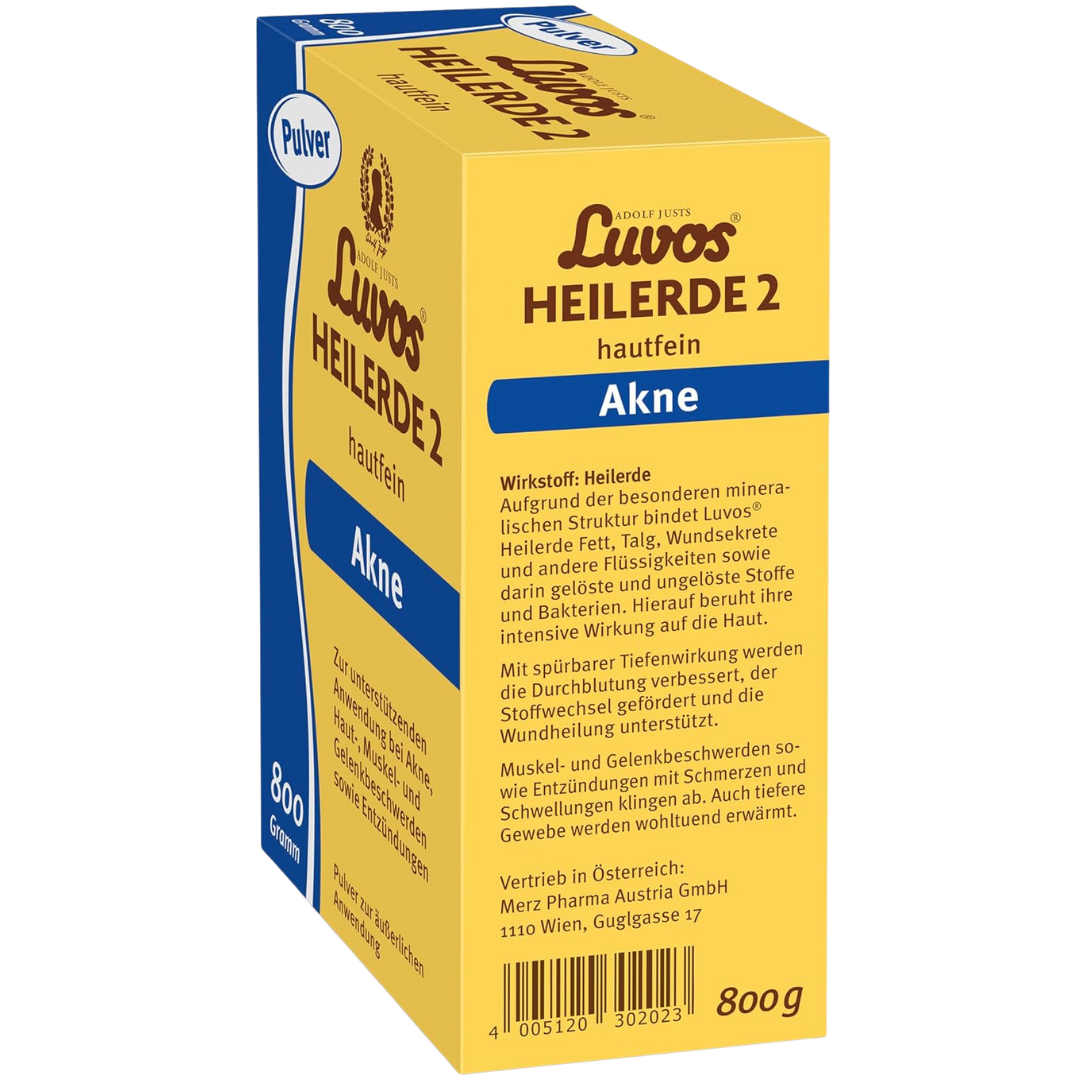 Luvos Heilerde 2 hautfein 800g – Detailansicht der Verpackung mit Beschreibung des Wirkprinzips und Anwendungshinweisen