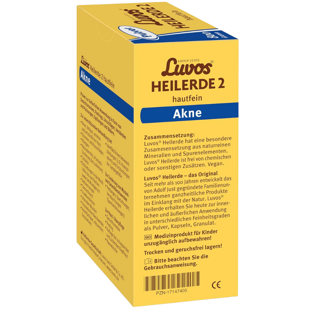 Luvos Heilerde 2 hautfein 800g – Seitenansicht der Verpackung mit Inhaltsstoffen, Herstellerinformation und Lagerhinweisen
