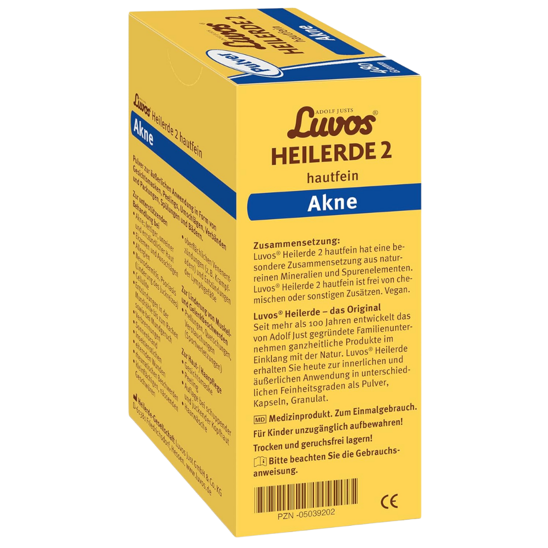 Luvos Heilerde 2 hautfein 480g – Seitenansicht mit Zusammensetzung, Anwendungshinweisen und Unternehmensinformation