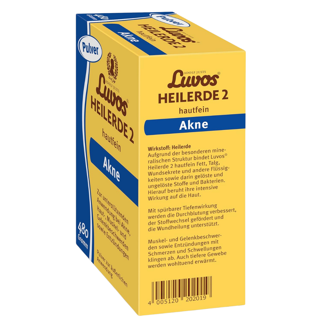 Luvos Heilerde 2 hautfein Pulver 480g – Gesamtansicht der gelb-blauen Produktverpackung für äußerliche Anwendung bei Akne