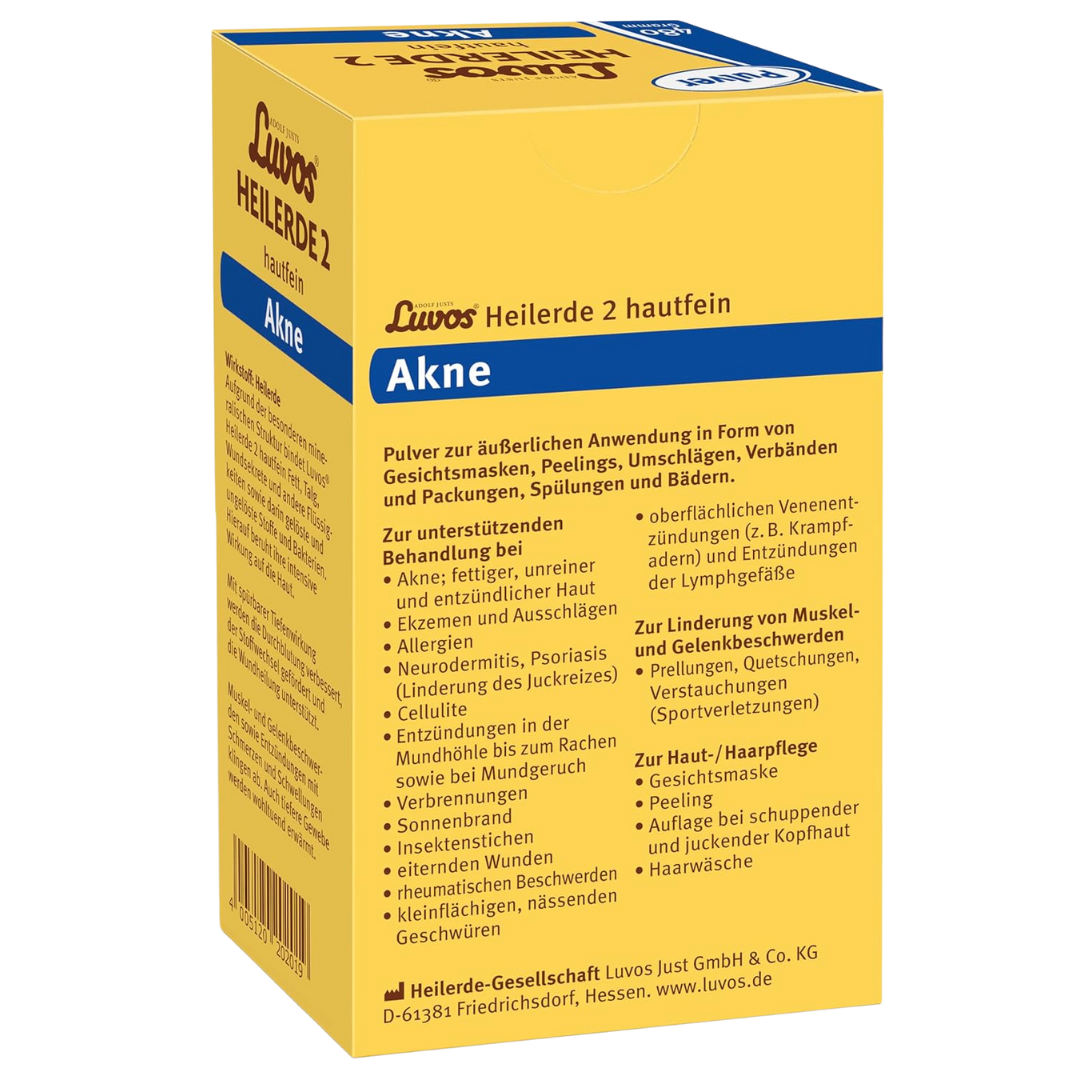 Luvos Heilerde 2 hautfein 480g – Rückseite der Packung mit ausführlichen Anwendungsgebieten bei Haut- und Muskelbeschwerden