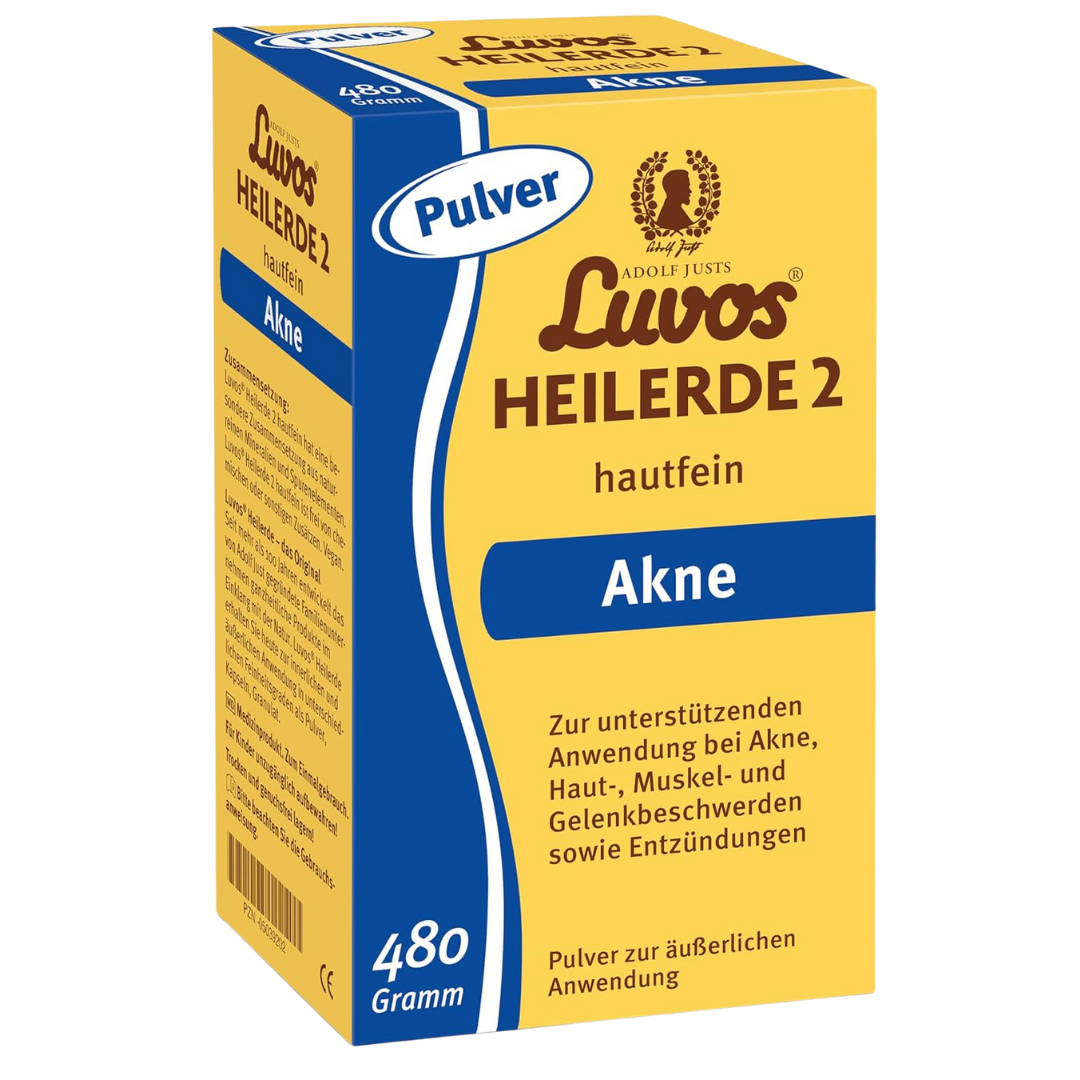 Luvos Heilerde 2 hautfein Pulver 480g – Vorderseite der Verpackung mit Anwendungsbeschreibung bei Akne und Entzündungen
