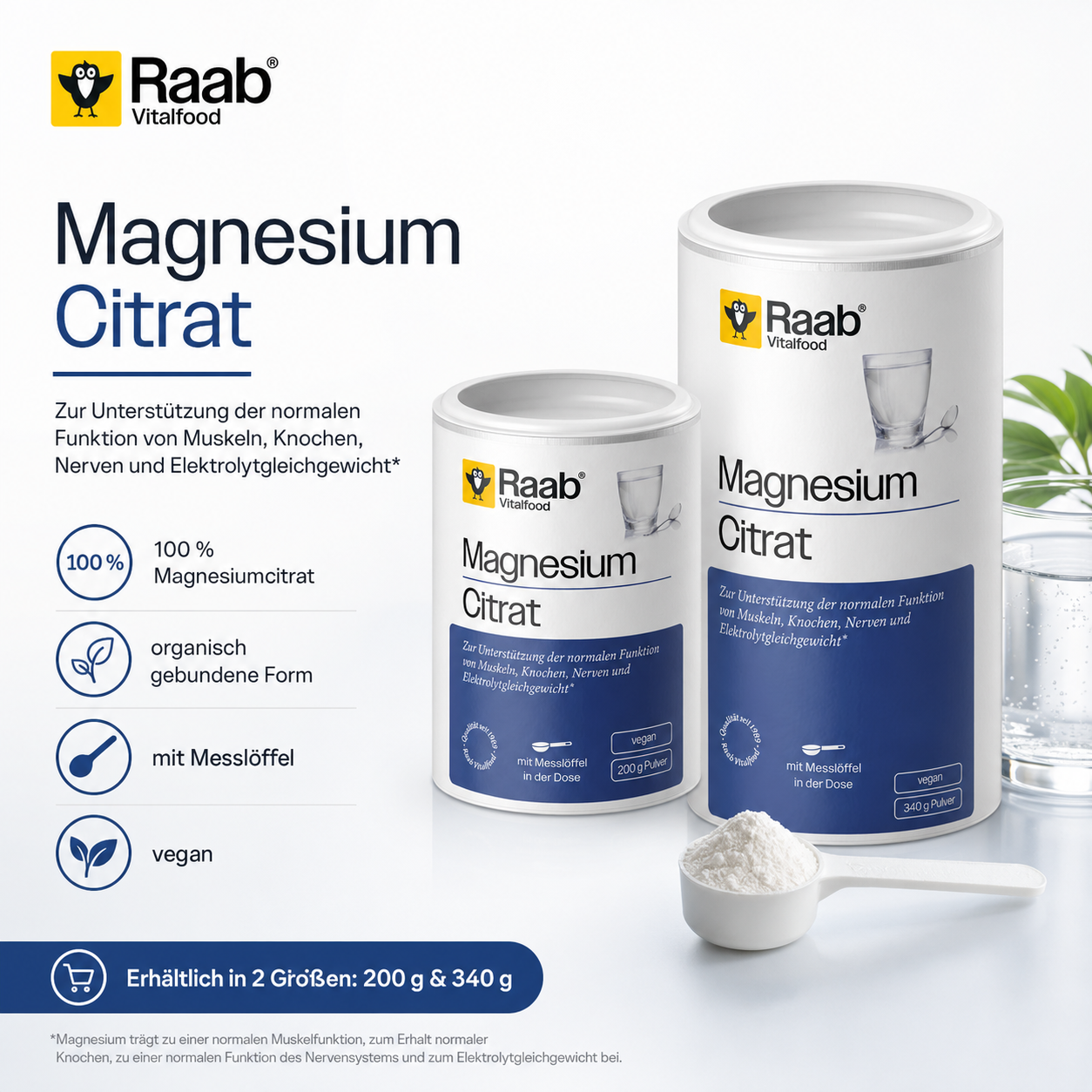 Raab Magnesium Citrat Pulver vegan, 100 Prozent Magnesiumcitrat, organisch gebunden und mit Messlöffel
