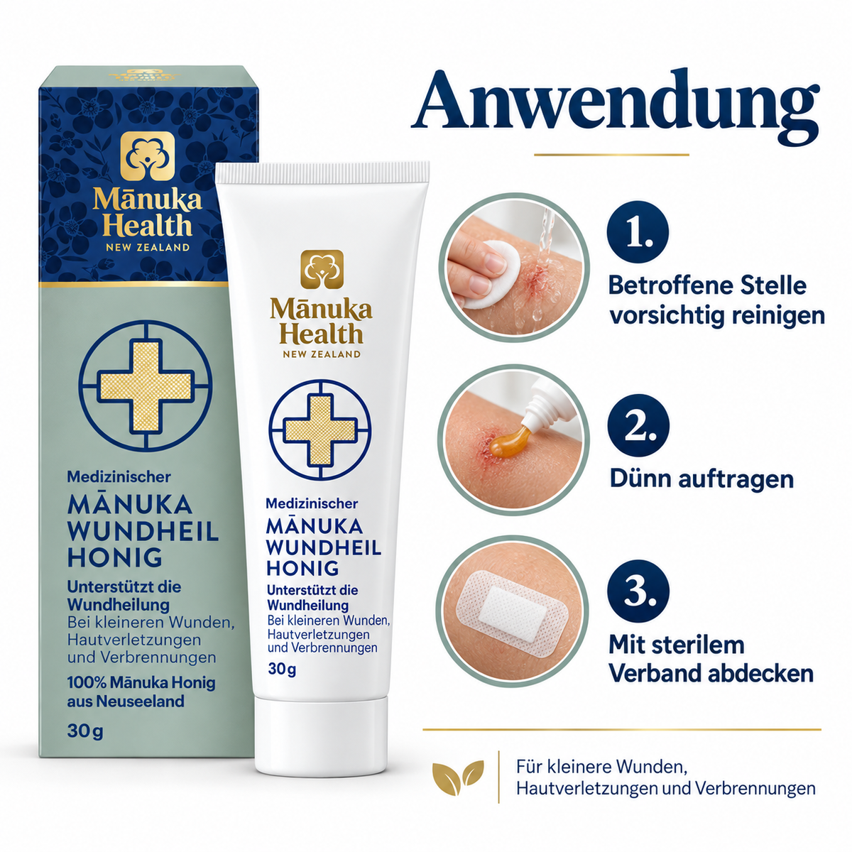 Anwendung von Manuka Health Wundheilhonig 30 g – reinigen, dünn auftragen und mit Verband abdecken