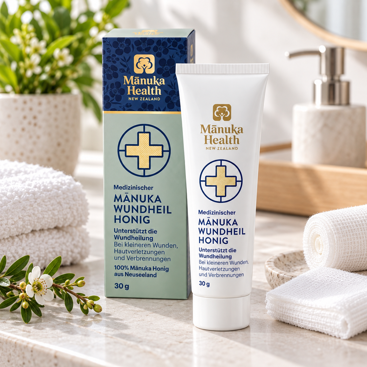 Manuka Health Wundheilhonig 30 g mit Verbandmaterial in einer hellen Wundpflege-Situation