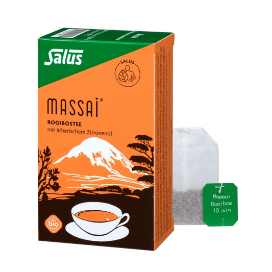 Packung und Teebeutel Massai Rooibostee von Salus
