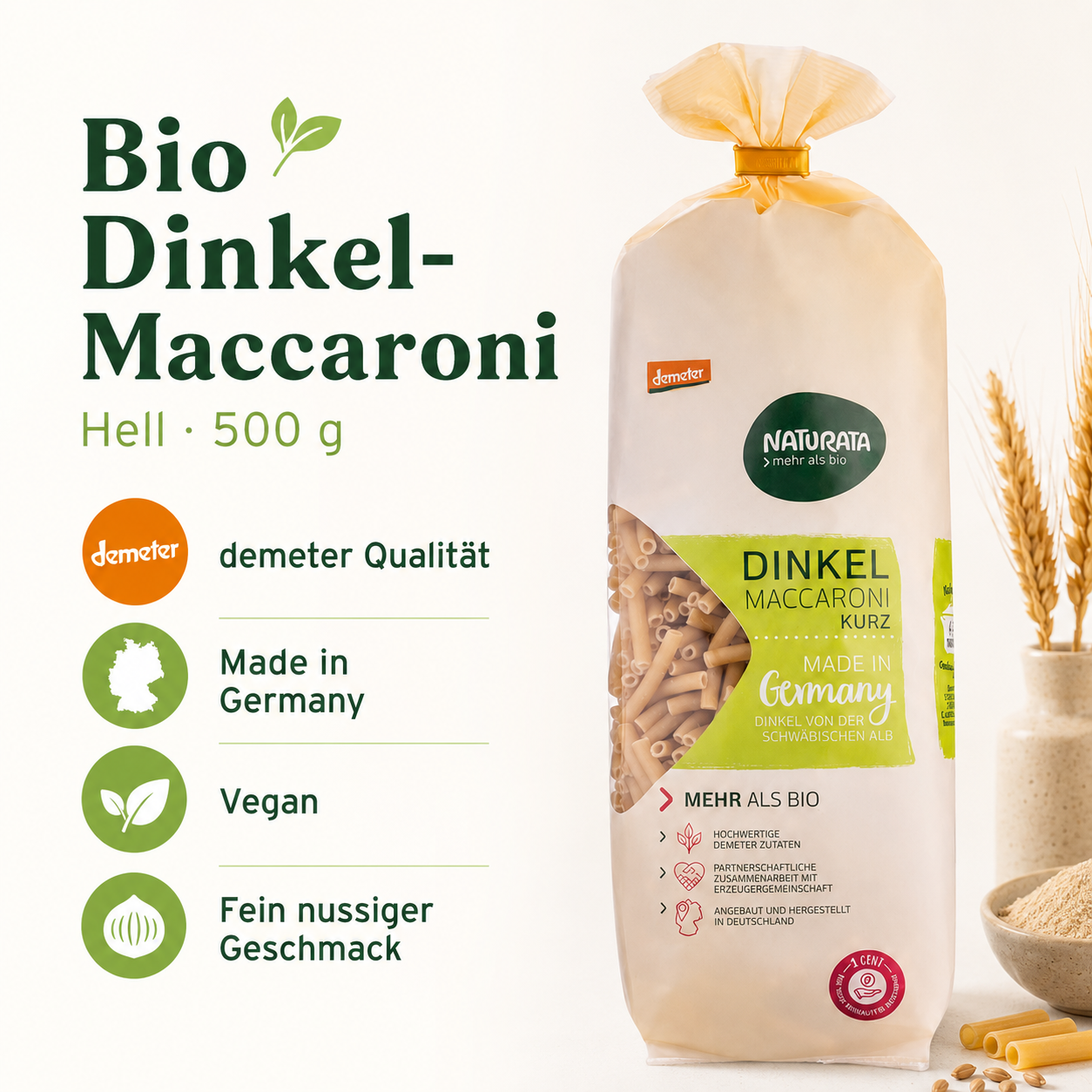 Naturata Bio Dinkel Maccaroni mit Demeter-Qualität, veganer Rezeptur und Herstellung in Deutschland