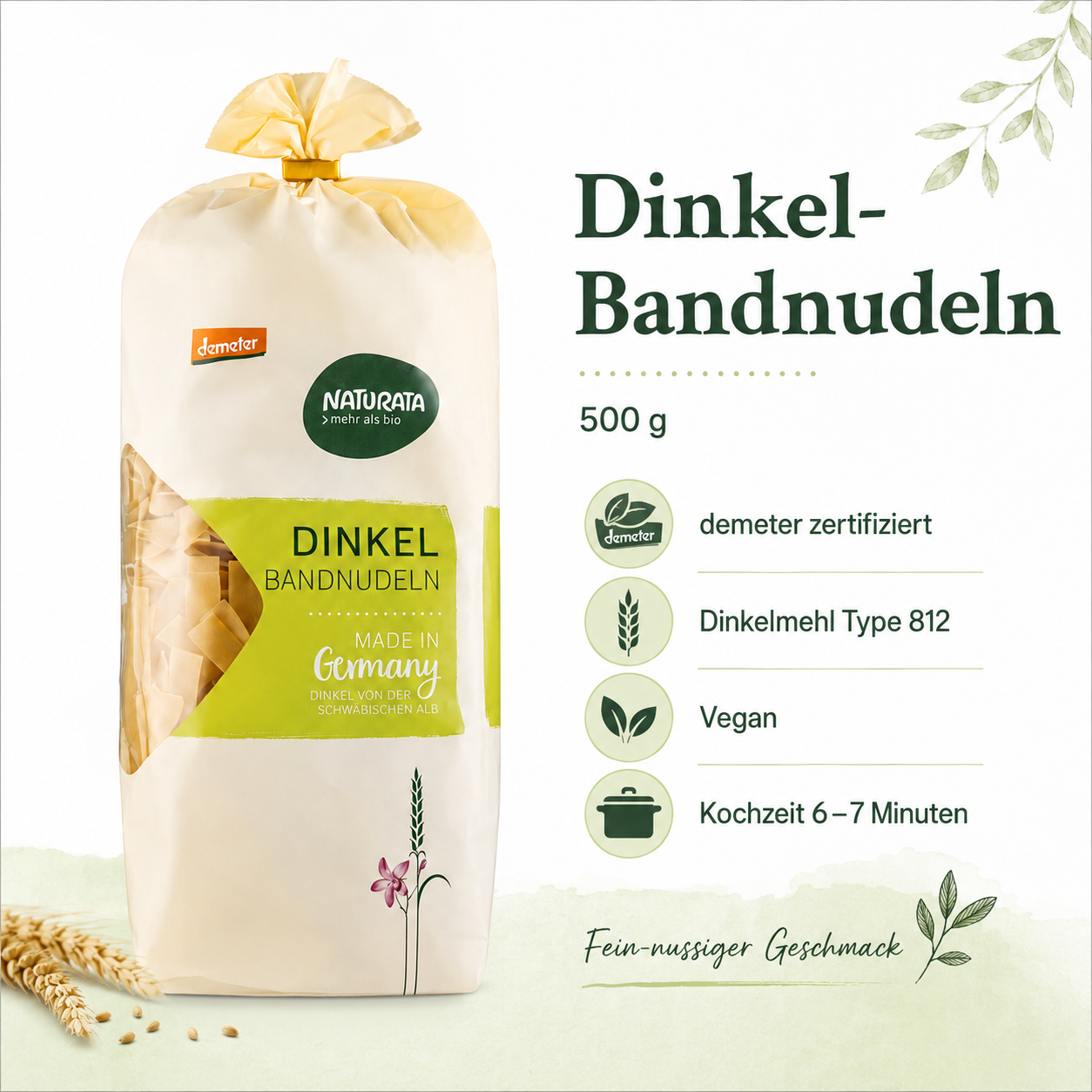 Naturata Dinkel-Bandnudeln aus Dinkelmehl Type 812, vegan und in 6 bis 7 Minuten gekocht