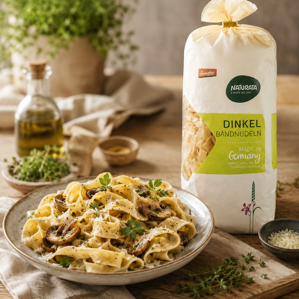 Zubereitete Naturata Dinkel-Bandnudeln mit Pilzen und Kräutern als Serviervorschlag