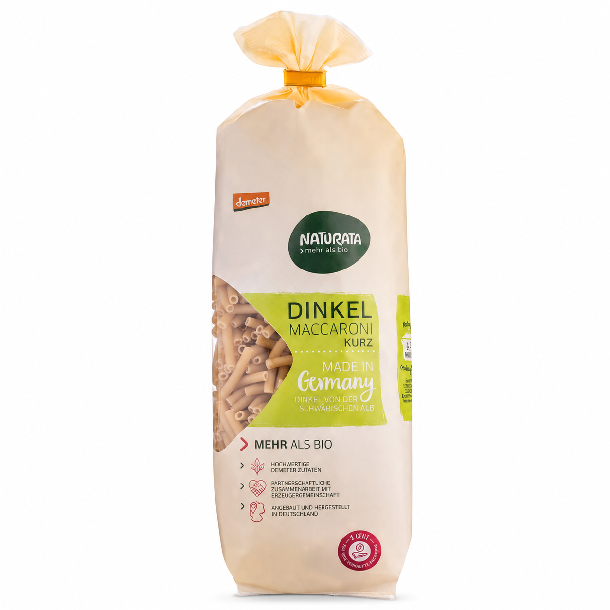 Naturata Bio Dinkel Maccaroni kurz 500 g in Demeter-Qualität vor weißem Hintergrund