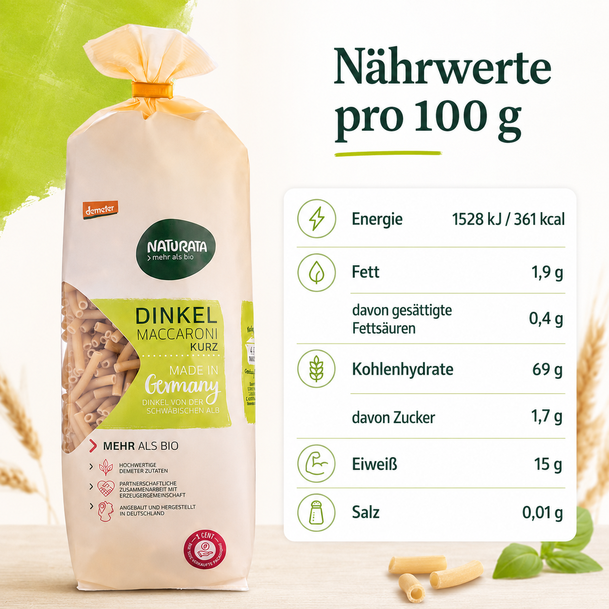 Nährwerte der Naturata Dinkel Maccaroni pro 100 g mit 361 kcal, 15 g Eiweiß und 1,9 g Fett