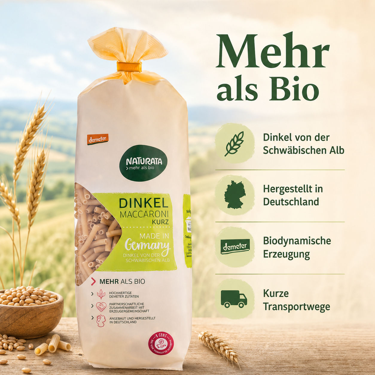 Naturata Dinkel Maccaroni aus Dinkel von der Schwäbischen Alb und hergestellt in Deutschland