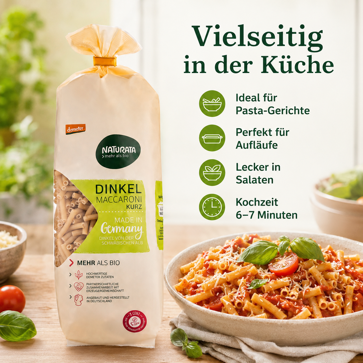Naturata Dinkel Maccaroni mit Tomatensauce – geeignet für Pasta-Gerichte, Aufläufe und Salate