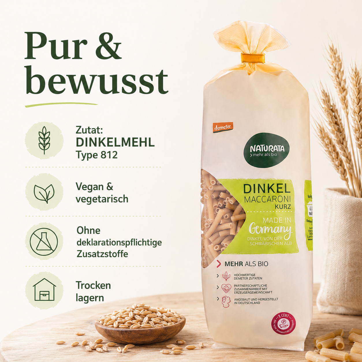 Naturata Dinkel Maccaroni aus Dinkelmehl Type 812, vegan und ohne deklarationspflichtige Zusatzstoffe