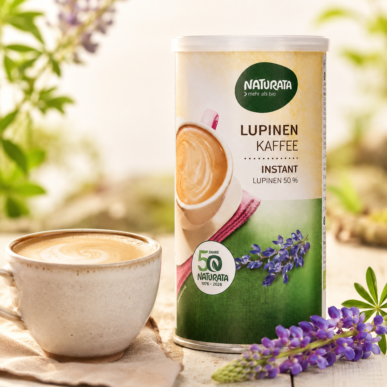 Naturata Lupinenkaffee Instant neben einer cremigen Tasse Kaffee im hellen Küchenambiente