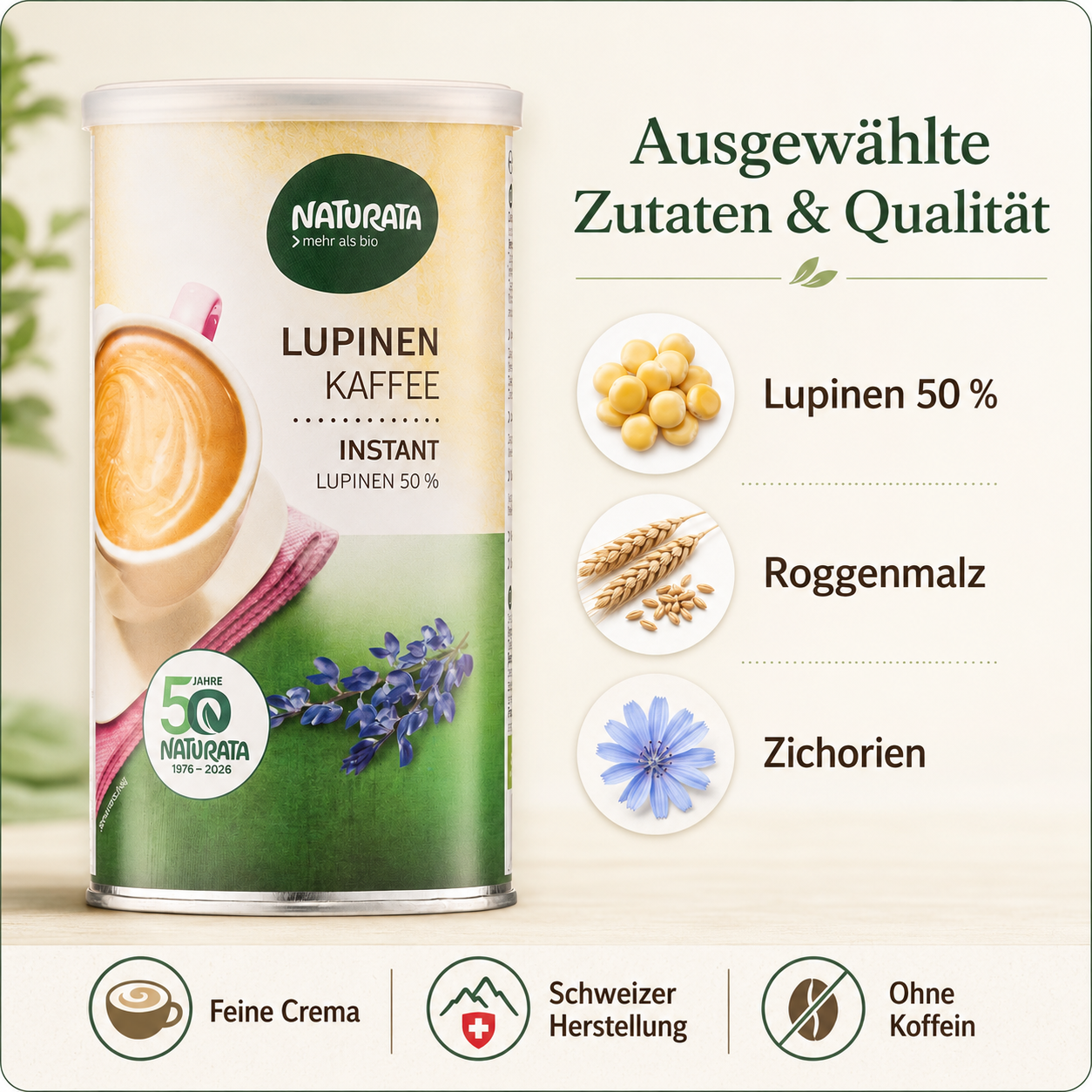 Naturata Lupinenkaffee mit den Zutaten Lupinen, Roggenmalz und Zichorien