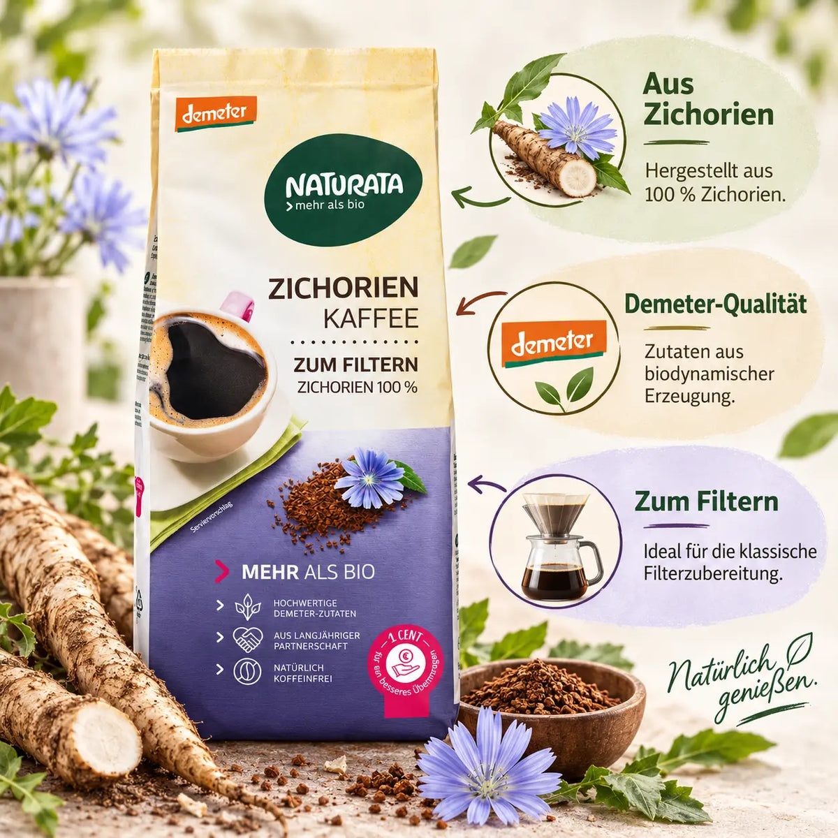 Naturata Zichorienkaffee aus Zichorien in Demeter-Qualität zur klassischen Filterzubereitung