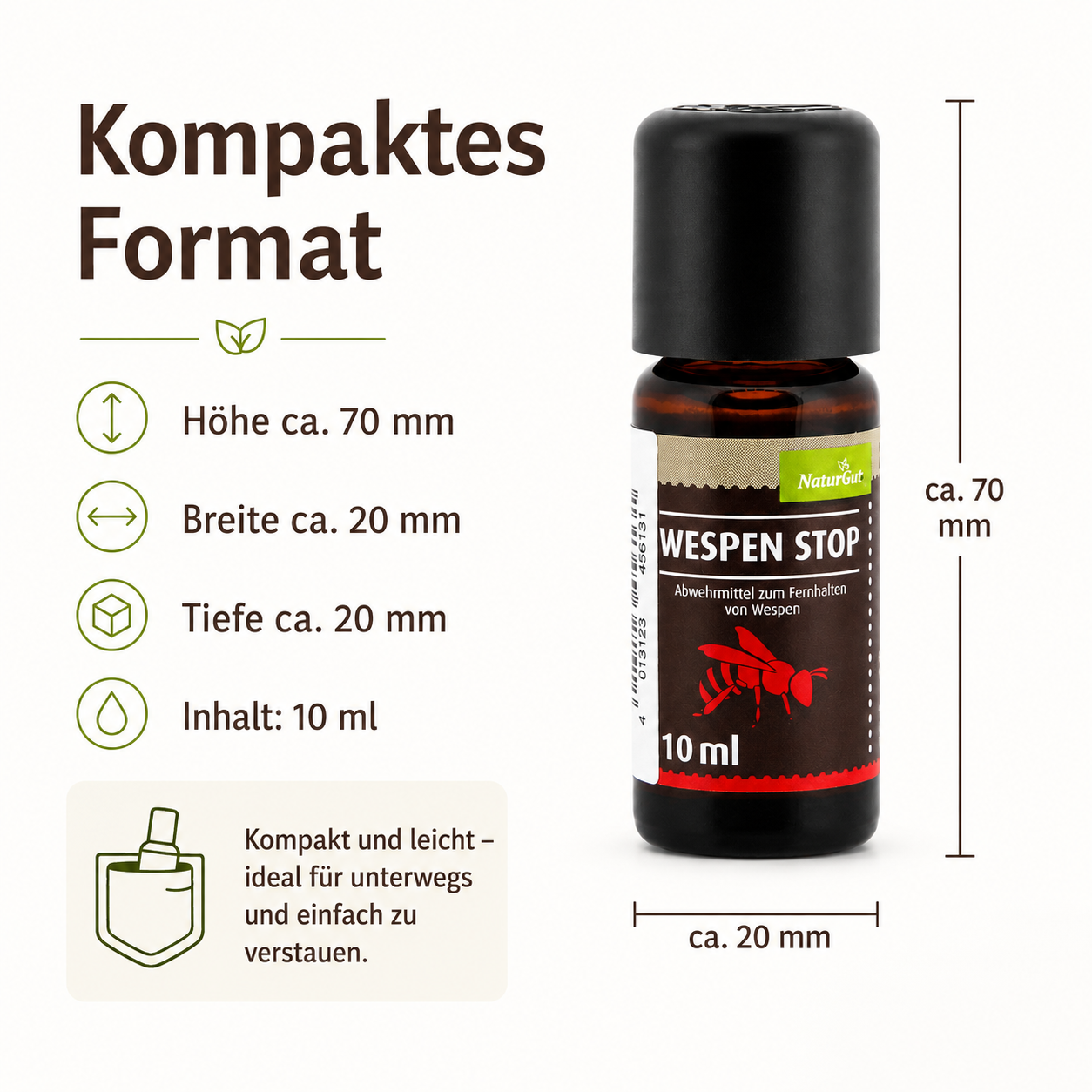 NaturGut Wespen Stop 10 ml mit 70 mm Höhe sowie 20 mm Breite und Tiefe