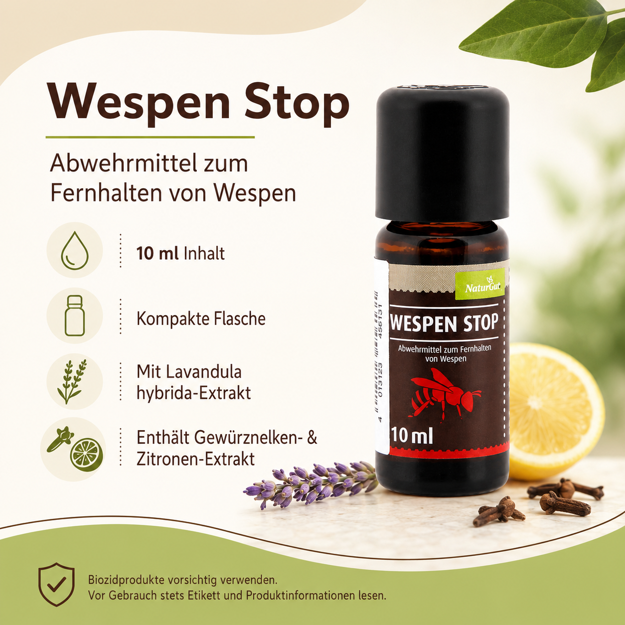 NaturGut Wespen Stop 10 ml mit Produktvorteilen und pflanzlichen Extrakten zur Wespenabwehr